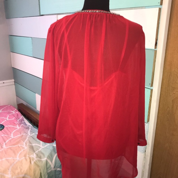 Liz Claiborne 3/4-Sleeve Embellished V- Neck Blouse Size XL. Red, Rhinestones - Picture 5 of 7